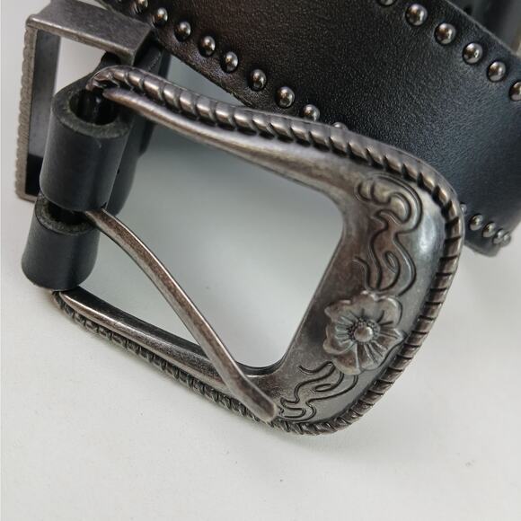 American Eagle SZ XS/S Leather Black & Antique Silver Double Buckle Belt NEW - Picture 5 of 6